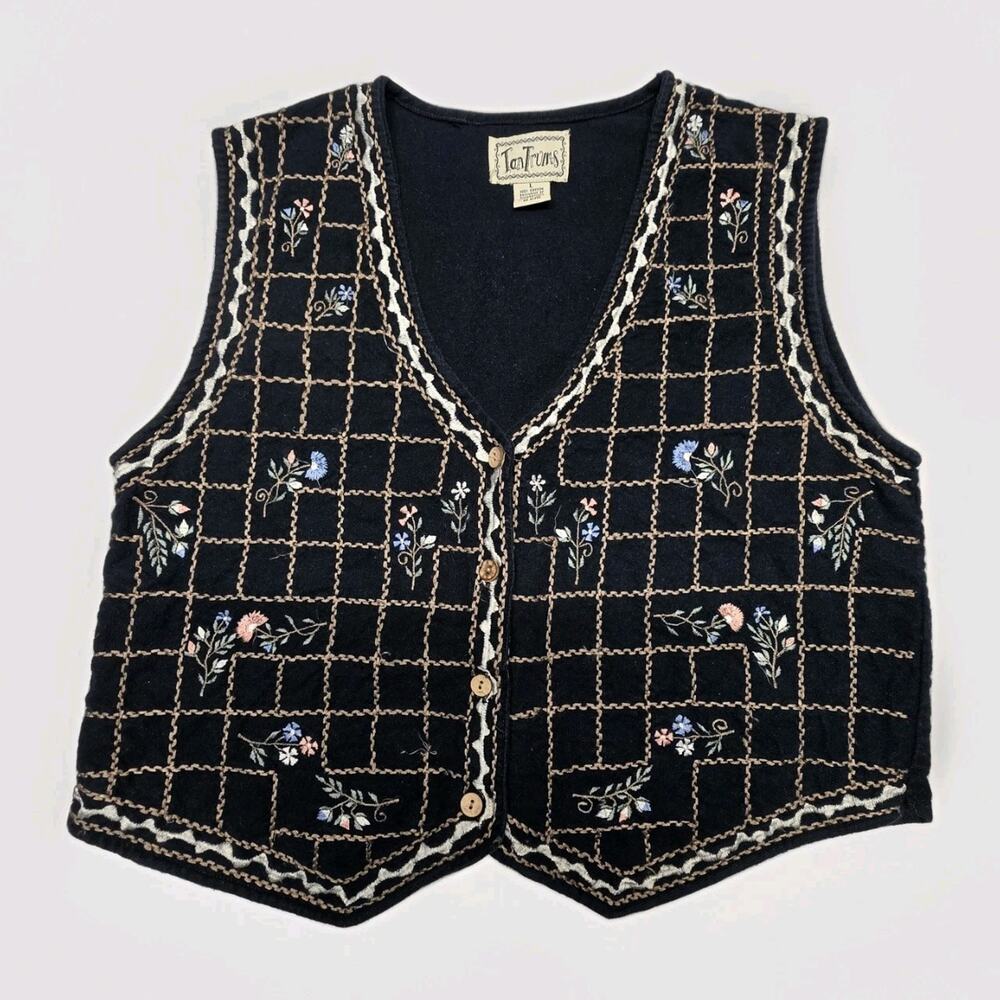 Vintage 90s Tantrums Embroidered Vest Large Floral Flowers Artsy Teacher Cottage